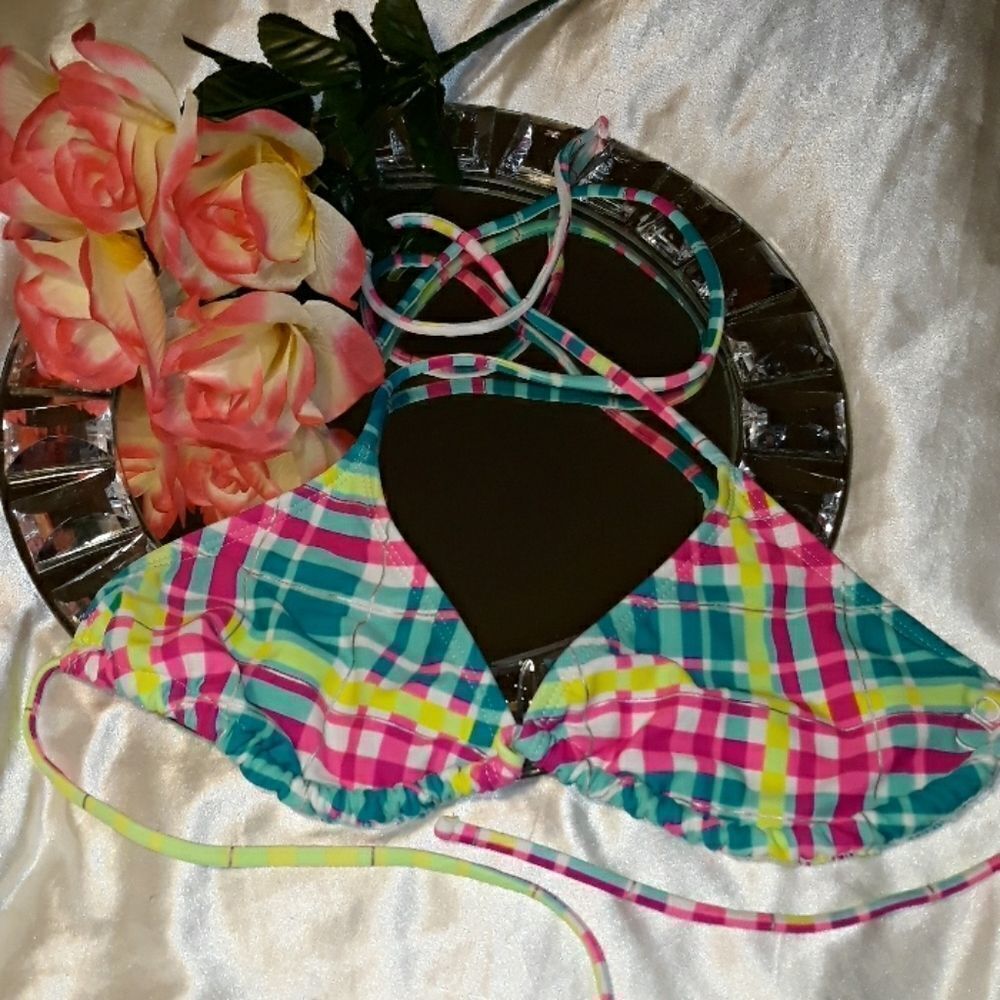 OP Neon Multi Color Plaid Bikini Top M